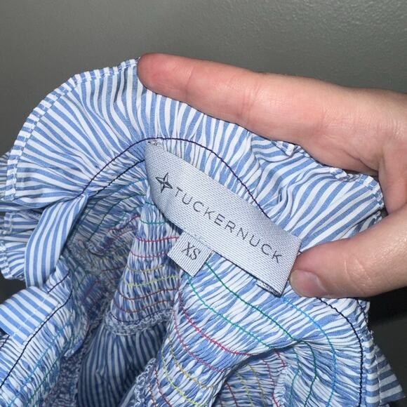 Tuckernuck Rainbow Smocked Blouse XS Multicolor Stripe Cotton Top Tie Straps - Picture 4 of 7